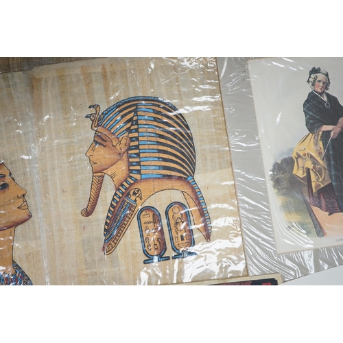 1731 - A group of assorted pictures and prints including Egyptian papyrus paintings, 41 x 33cm