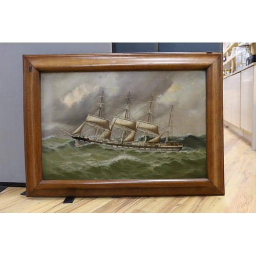 1735 - Thomas G. Purvis of Cardiff (1861-1933), oil on canvas, Four master merchant ship 'Colony' at sea, s... 