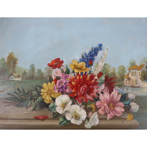 1742 - Alexander Wilson, oil on board, Still life of flowers in a landscape, signed, 37 x 48cm