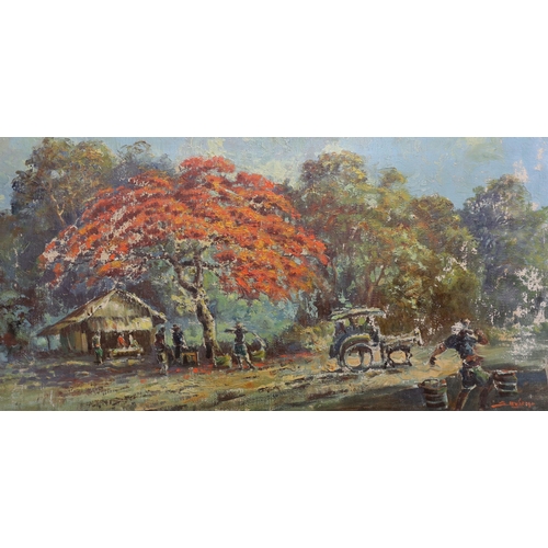 1744 - S. de Wardje, oil on canvas, South African? village scene, signed, 40 x 79cm, unframed