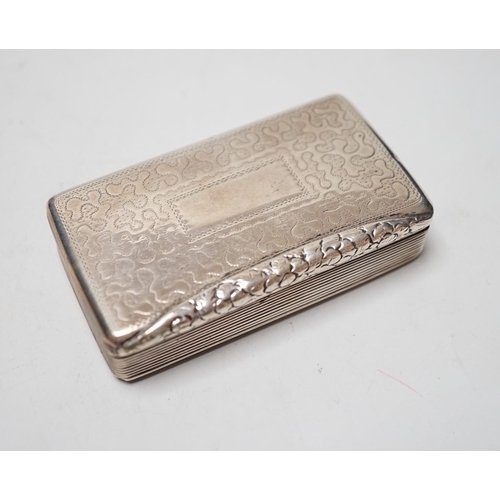 1803 - A late George IV engraved silver rectangular snuff box, with wriggle work decoration, William Simpso... 