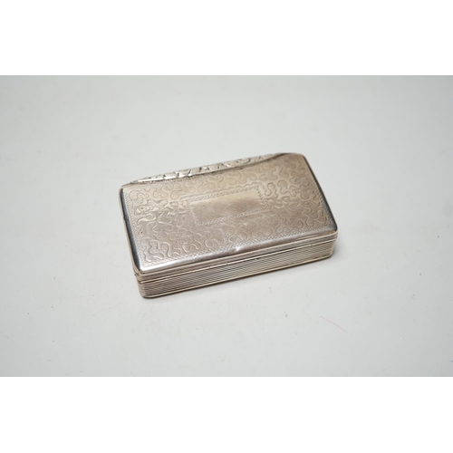 1803 - A late George IV engraved silver rectangular snuff box, with wriggle work decoration, William Simpso... 