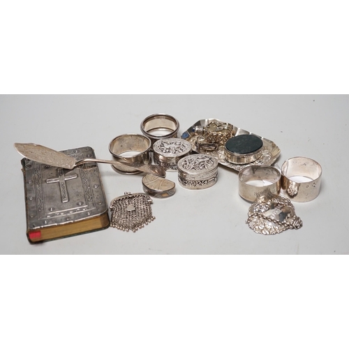 1807 - Sundry small silver including four assorted napkin rings, mounted bible, butter knife, pin tray, win... 