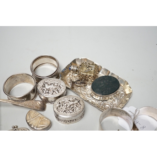 1807 - Sundry small silver including four assorted napkin rings, mounted bible, butter knife, pin tray, win... 