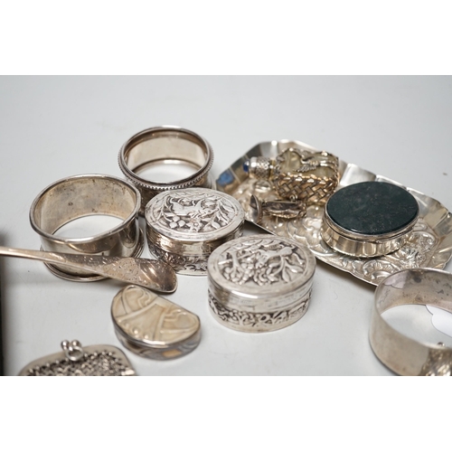 1807 - Sundry small silver including four assorted napkin rings, mounted bible, butter knife, pin tray, win... 