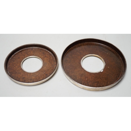 1808 - Two 1930's graduated silver mounted faux walnut bottle coasters, Joseph Gloster Ltd. Birmingham, 193... 