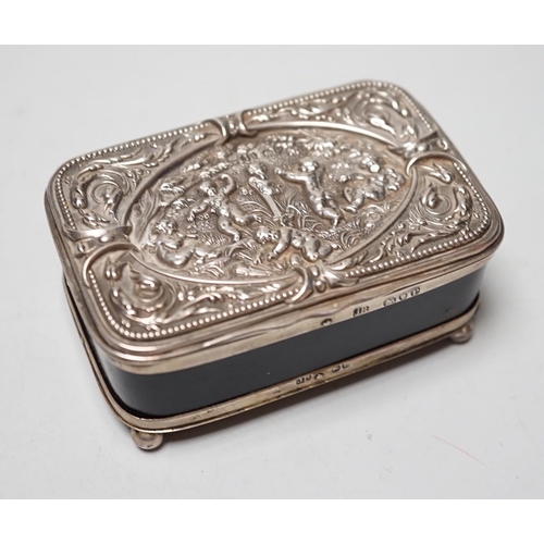 1809 - A late Victorian silver mounted tortoiseshell rectangular box and cover, on ball feet, Joseph Braham... 