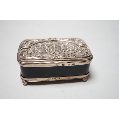 1809 - A late Victorian silver mounted tortoiseshell rectangular box and cover, on ball feet, Joseph Braham... 