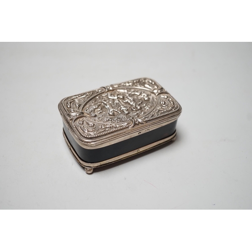 1809 - A late Victorian silver mounted tortoiseshell rectangular box and cover, on ball feet, Joseph Braham... 