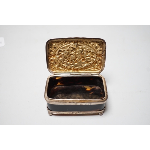 1809 - A late Victorian silver mounted tortoiseshell rectangular box and cover, on ball feet, Joseph Braham... 