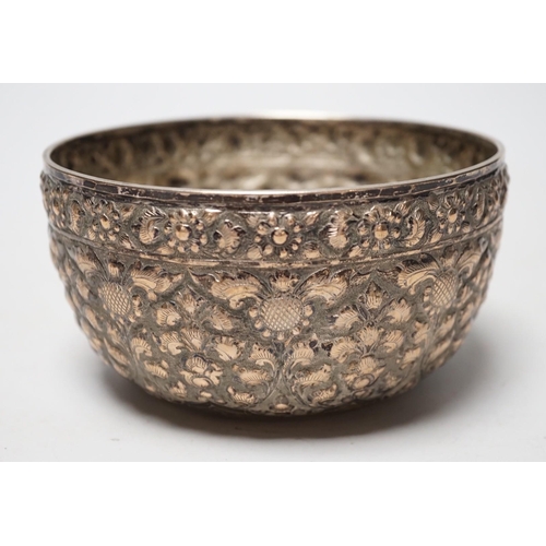 1811 - A Chinese Straits? embossed white metal bowl, indistinct marks to the base, diameter 13.9cm,  4.8oz.... 