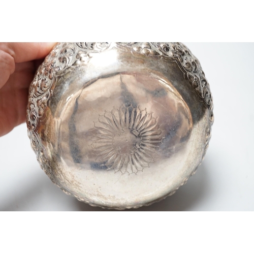 1811 - A Chinese Straits? embossed white metal bowl, indistinct marks to the base, diameter 13.9cm,  4.8oz.... 