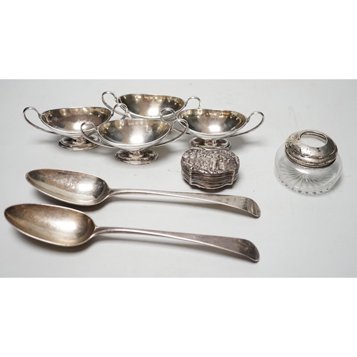 1818 - A set of four Edwardian silver two handled boat shaped salts, London, 1901, width 10.5cm, two 18th c... 