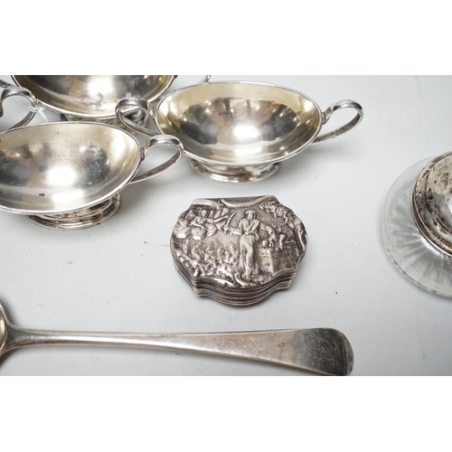 1818 - A set of four Edwardian silver two handled boat shaped salts, London, 1901, width 10.5cm, two 18th c... 