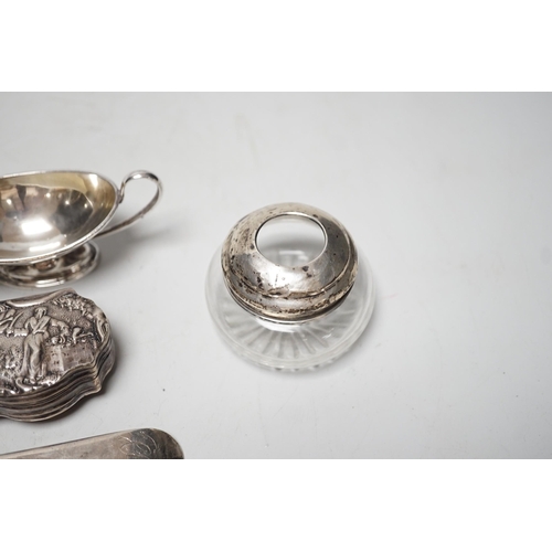 1818 - A set of four Edwardian silver two handled boat shaped salts, London, 1901, width 10.5cm, two 18th c... 