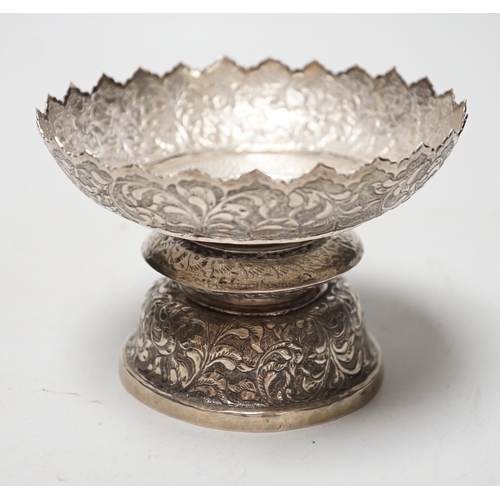 1823 - A Chinese Straits embossed white metal stem bowl, diameter 13cm, 172 grams.