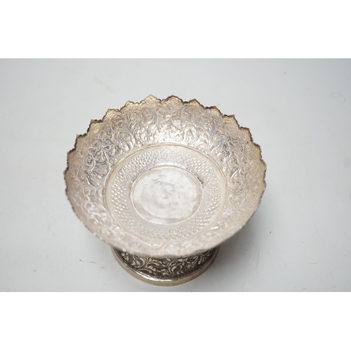 1823 - A Chinese Straits embossed white metal stem bowl, diameter 13cm, 172 grams.