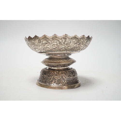 1823 - A Chinese Straits embossed white metal stem bowl, diameter 13cm, 172 grams.