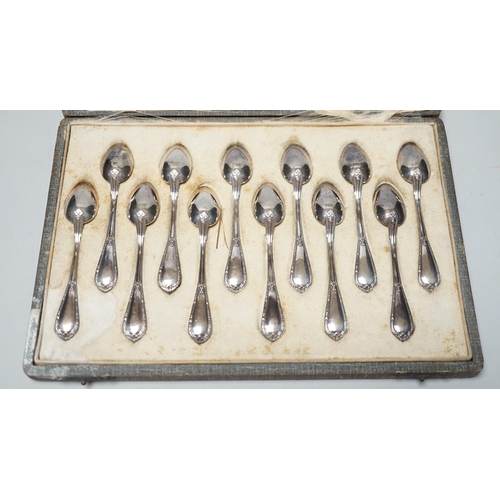 1825 - A cased set of twelve Belgian? 800 standard white metal coffee spoons, 10.2cm, 4.7oz.