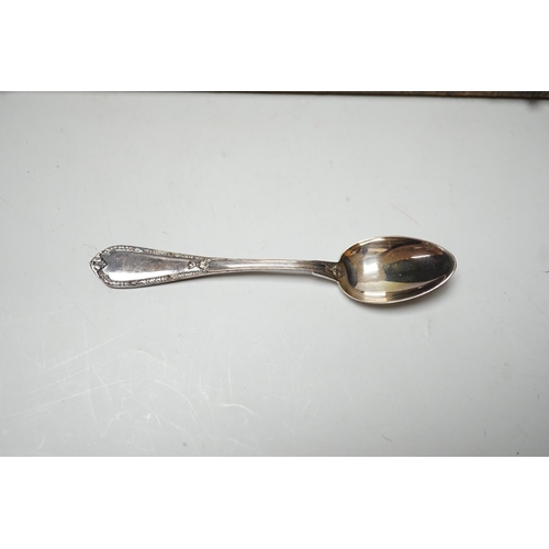 1825 - A cased set of twelve Belgian? 800 standard white metal coffee spoons, 10.2cm, 4.7oz.