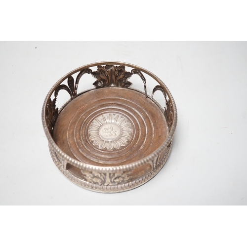 1833 - An early 19th century silver mounted wine coaster, marks rubbed, 14cn.