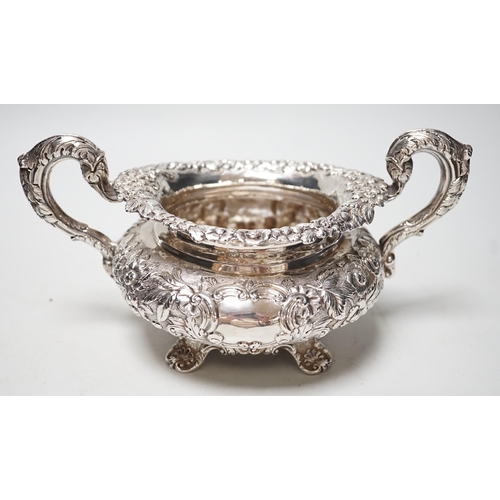 1841 - A William IV Irish cast silver two handled sugar bowl, Dublin 1833, by Richard Sawyer, 23.9cm over h... 