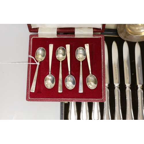 1848 - A cased set of six silver coffee spoons, a cased set of six silver-handled dessert knives, a small s... 