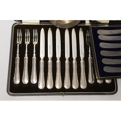 1848 - A cased set of six silver coffee spoons, a cased set of six silver-handled dessert knives, a small s... 