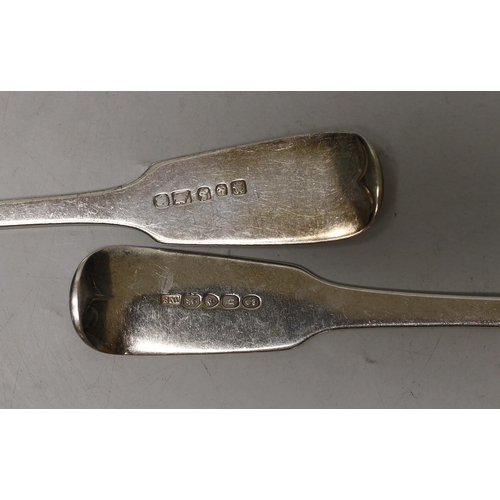 1849 - Four assorted 19th century silver table spoons, 9.5oz and two plated spoons.