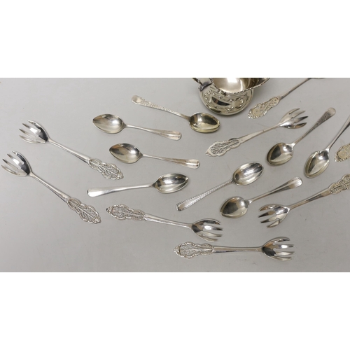 1850 - A silver cream jug and sundry minor spoons and forks.