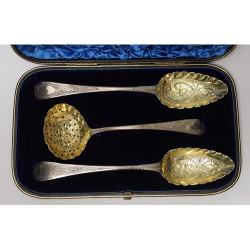 1854 - A cased set of two George III parcel gilt silver spoons and a matching sifter spoon, George Burrows,... 