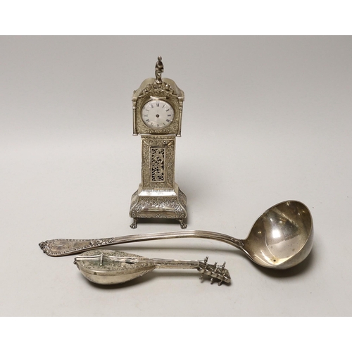 1857 - A Dutch white metal miniature longcase clock, 23.8cm, a similar model of a mandolin and a Victorian ... 