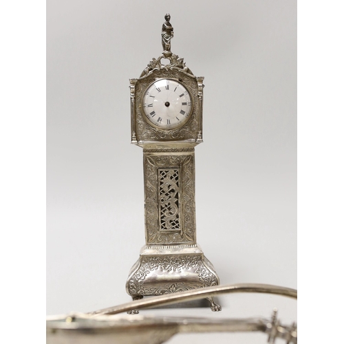 1857 - A Dutch white metal miniature longcase clock, 23.8cm, a similar model of a mandolin and a Victorian ... 