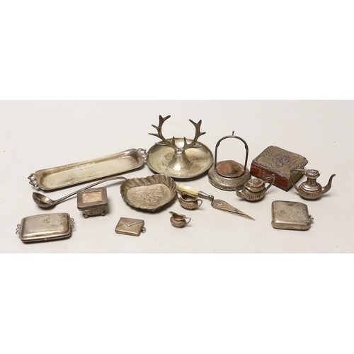 1860 - A small quantity of sundry collectable silver including a modern miniature four piece tea set of tra... 