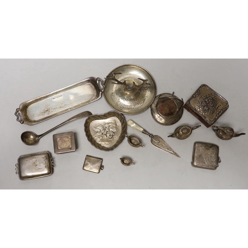 1860 - A small quantity of sundry collectable silver including a modern miniature four piece tea set of tra... 