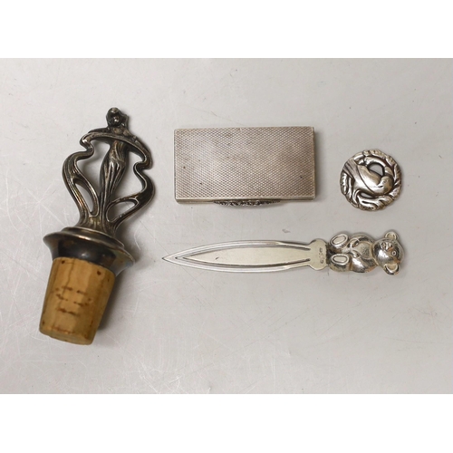 1862 - An Art Nouveau metal mounted cork stopper, a  Georg Jensen sterling brooch, no. 191, an  engine turn... 