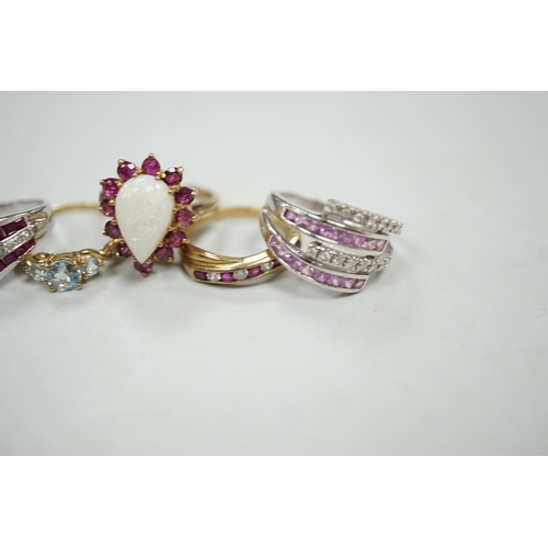 1886 - Five assorted modern 9ct gold and gem set dress rings, including ruby and diamond chip, gross weight... 