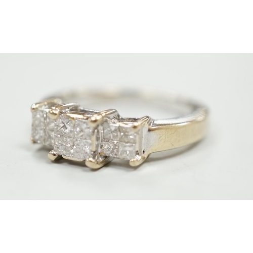 1889 - A modern 18ct white gold and triple princess cut diamond cluster set dress ring, size K, gross weigh... 