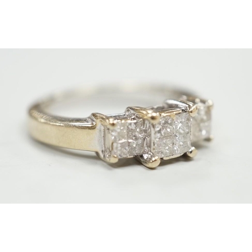 1889 - A modern 18ct white gold and triple princess cut diamond cluster set dress ring, size K, gross weigh... 