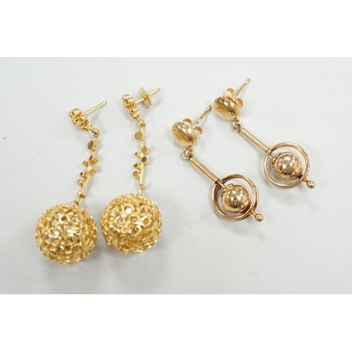 1891 - A modern pair of pierced 9ct gold globe drop earrings, 47mm and one other pair of 9ct drop earrings,... 