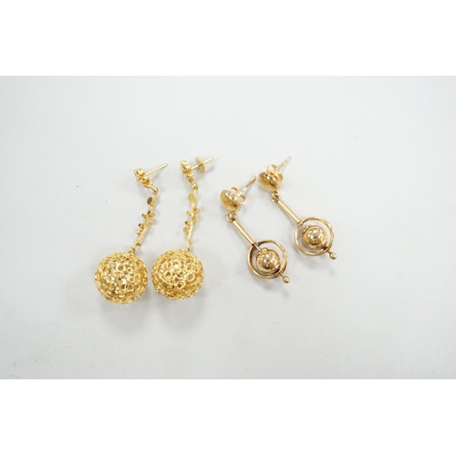 1891 - A modern pair of pierced 9ct gold globe drop earrings, 47mm and one other pair of 9ct drop earrings,... 