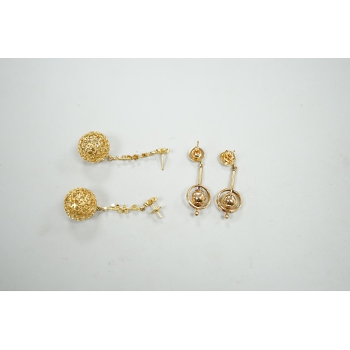 1891 - A modern pair of pierced 9ct gold globe drop earrings, 47mm and one other pair of 9ct drop earrings,... 