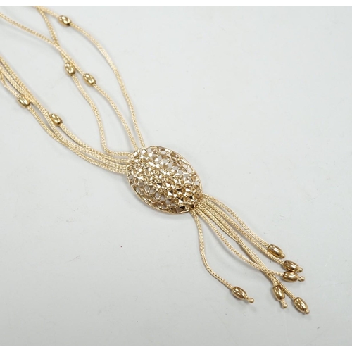 1894 - A modern Italian 375 yellow metal multi strand drop tassel necklace, approx. 49cm, 9.9 grams.