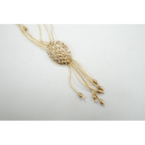 1894 - A modern Italian 375 yellow metal multi strand drop tassel necklace, approx. 49cm, 9.9 grams.