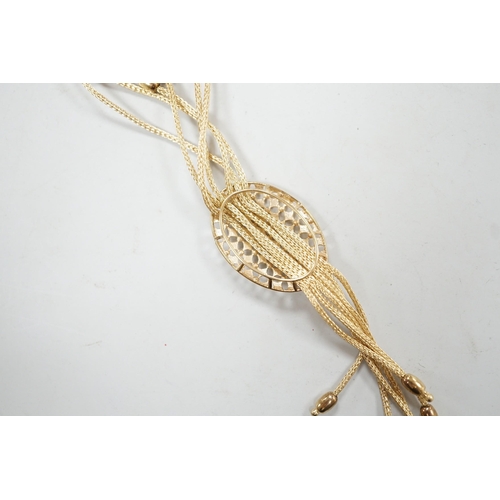 1894 - A modern Italian 375 yellow metal multi strand drop tassel necklace, approx. 49cm, 9.9 grams.