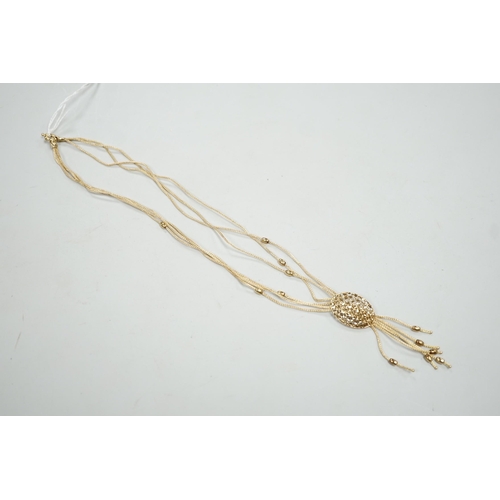 1894 - A modern Italian 375 yellow metal multi strand drop tassel necklace, approx. 49cm, 9.9 grams.