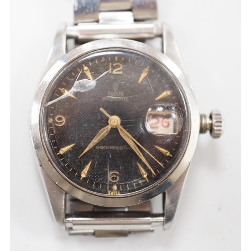 1896 - A gentleman's late 1950's? stainless steel Tudor Oysterdate manual wind wrist watch with black honey... 