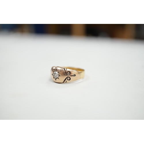 1898 - A Victorian 18ct gold and gypsy set solitaire diamond ring, size O, gross weight 3.9 grams.