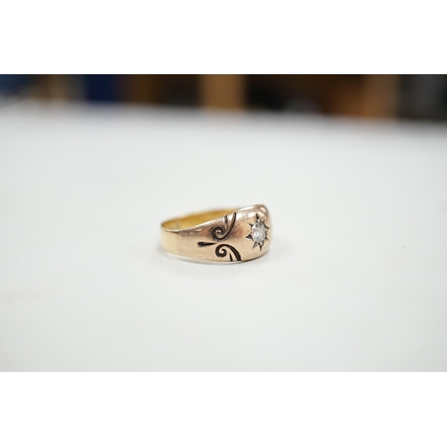 1898 - A Victorian 18ct gold and gypsy set solitaire diamond ring, size O, gross weight 3.9 grams.