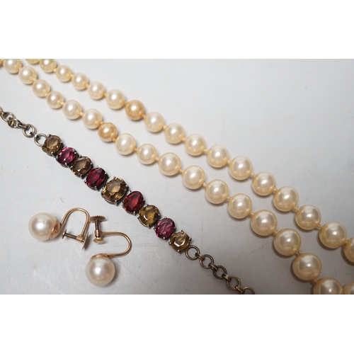 1909 - A gilt metal and coloured paste set bracelet, a pair of 9ct and cultured pearl set ear clips and a s... 